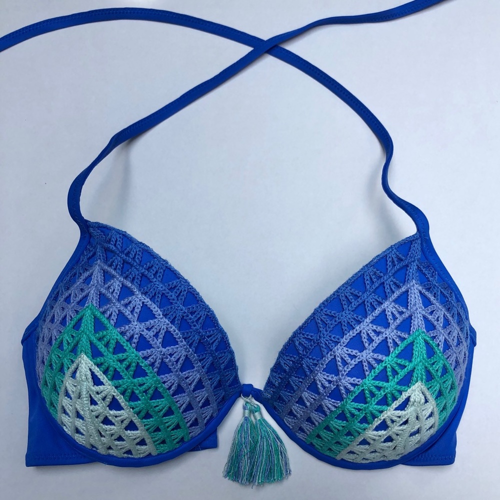 Shade & Shore Blue Crochet With Tassel Bikini Top